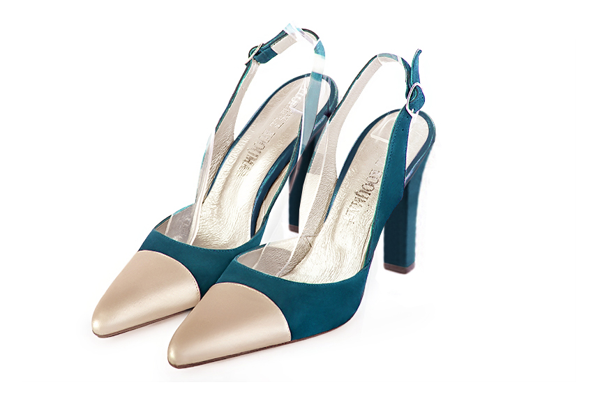 Women's gold and peacock blue elegant slingback heels. Tapered toe. High kitten heels - Front view